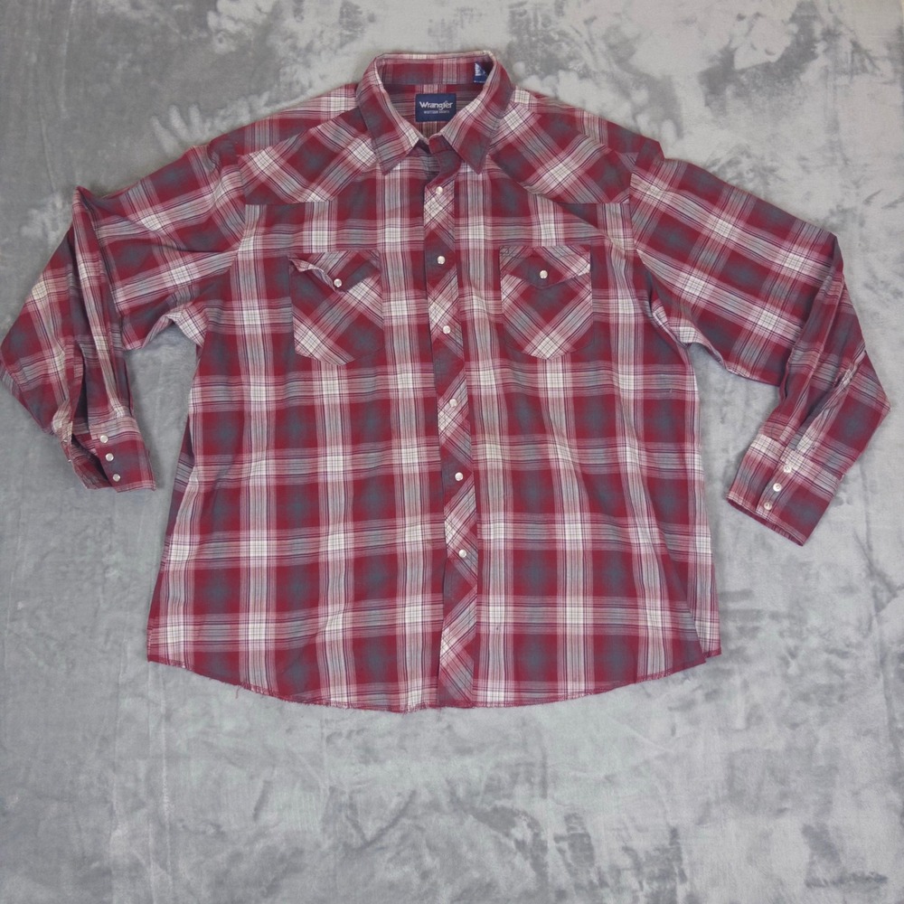 Wrangler Western Shirt Mens XXL Red Plaid Pearl Snap Long Sleeve Casual Work